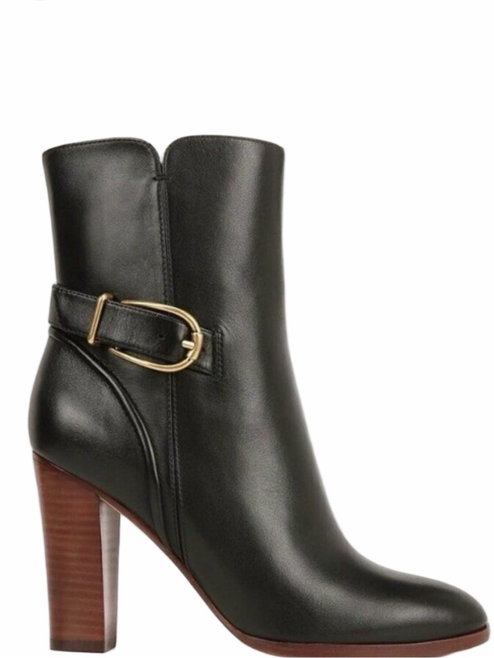 Veronica Beard Black Leather Ankle Boot with Gold Buckle